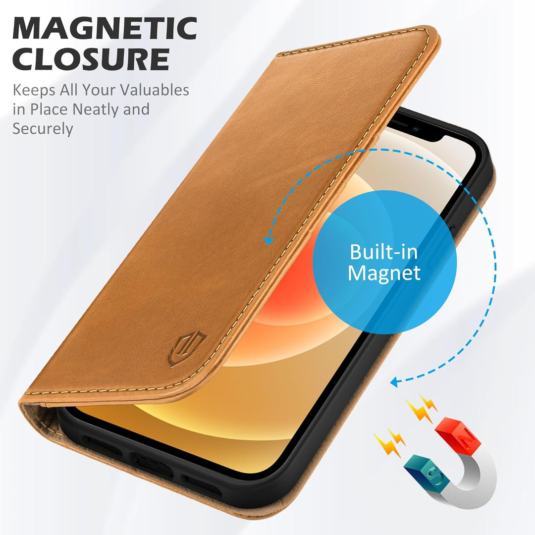 SHIELDON Hülle für iPhone 12 Pro, Handyhülle iPhone 12 [Erstklassig Rindsleder] [Kartenfach] [Magnet