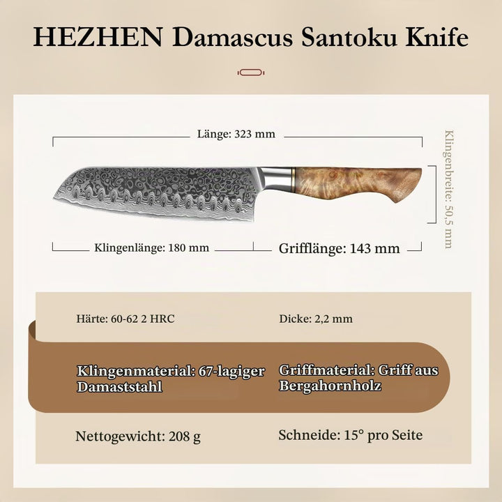 HEZHEN Damast Santoku Messer, Asiatisches Küchenmesser Japanischer Stil, Figaro Bergahorn Holzgriff,