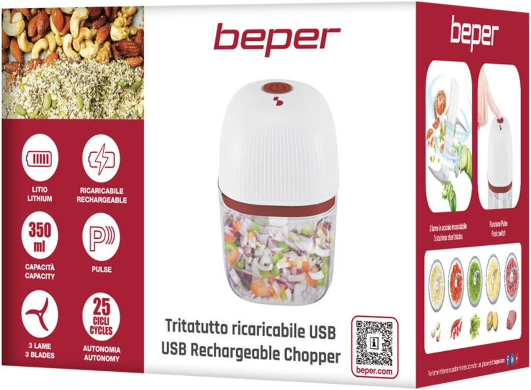 BEPER P102ROB051 Wiederaufladbarer Mini-Zerkleinerer, 350 ml, kabelloser Zerkleinerer mit 3 Klingen