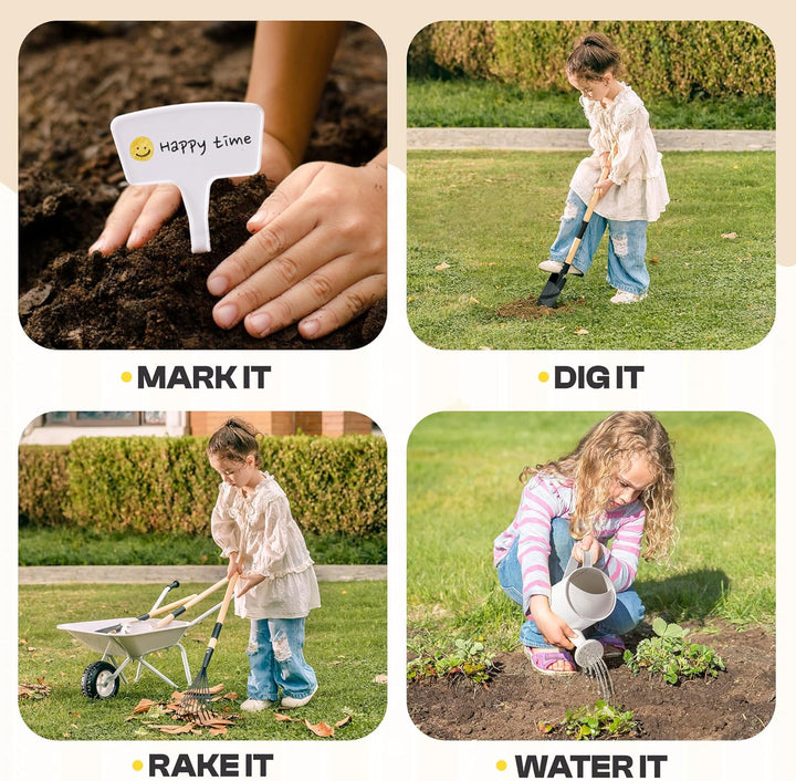 ROBUD Schubkarre Kinder Metall mit Gartengeräte Set, Kinderschubkarre mit Langer Schaufel, Rechen, L
