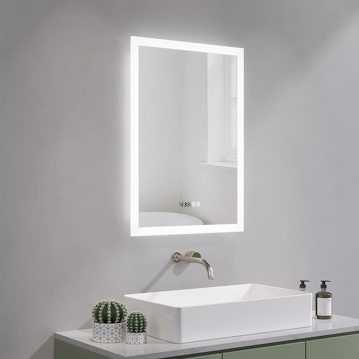 AQUABATOS LED Spiegel mit Uhr 50x70 cm Badspiegel mit Beleuchtung und Uhrzeit 3 Lichtfarben Dimmbar
