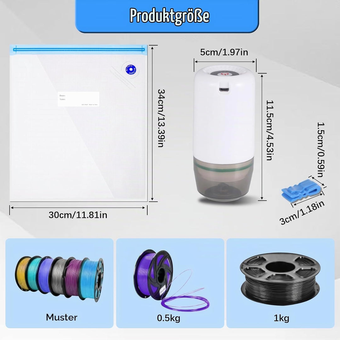 Vakuum Aufbewahrung Set für 3D Druck Filamente, USB Vakuumpumpe mit 20 Stück wiederverwendbare Vakuu