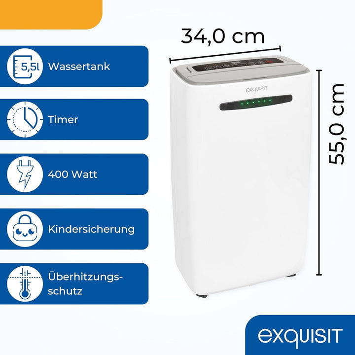 Exquisit Mobiler Luftentfeuchter, 5,5 Liter Wassertank, 400 Watt, 180m³/h, Timer, Für 30-35m², Betri