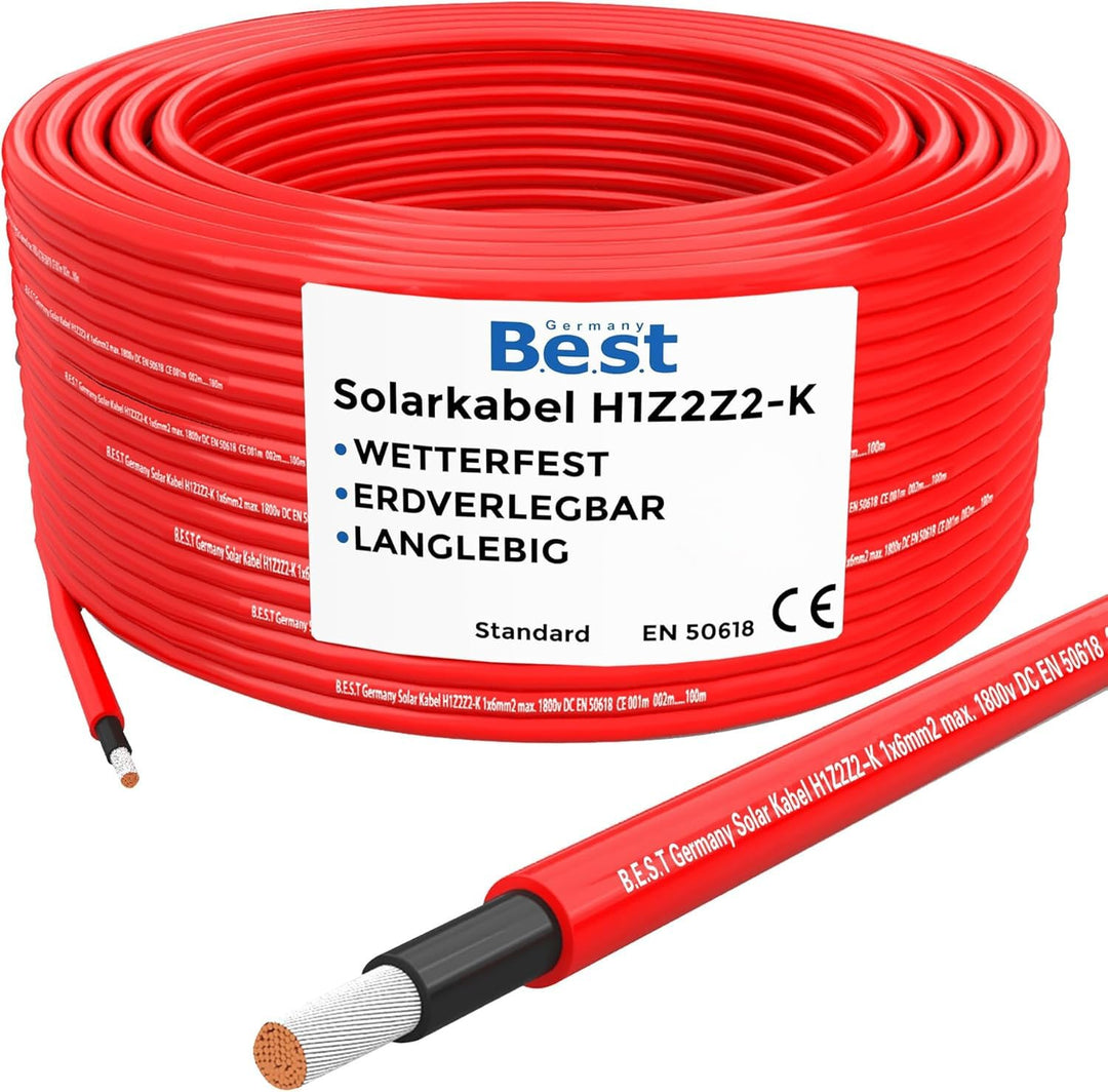 Germany B.E.S.T Solarkabel Solarleitung 10mm² reines Kupferkabel H1Z2Z2-K 20m PV Rot 20 M Rot, 20 M