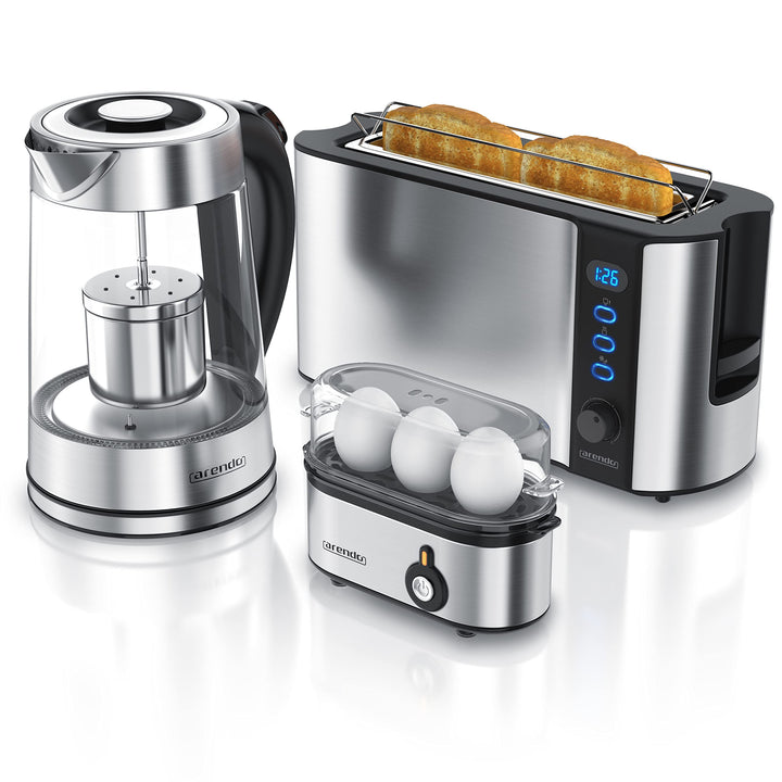 Arendo - Edelstahl Glas Wasserkocher mit Teesieb + Temperatureinstellung 1,7 L - Edelstahl 2 Scheibe