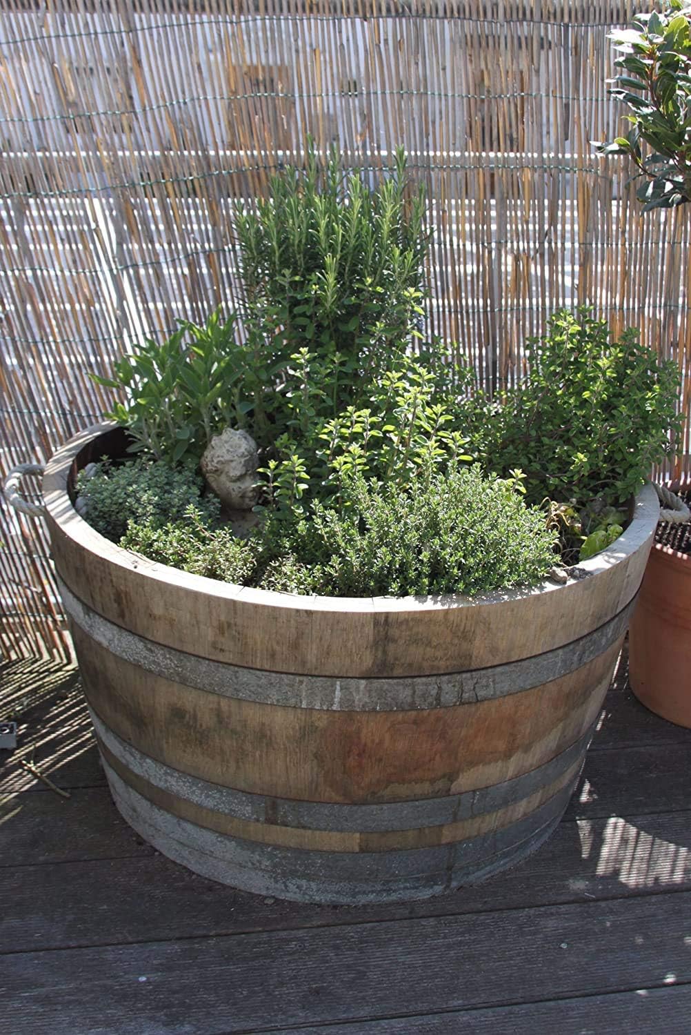Temesso Blumentopf, Blumenkübel, Holzfass als Pflanzkübel, Weinfass halbiert mit Rollen D70cm H40cm;
