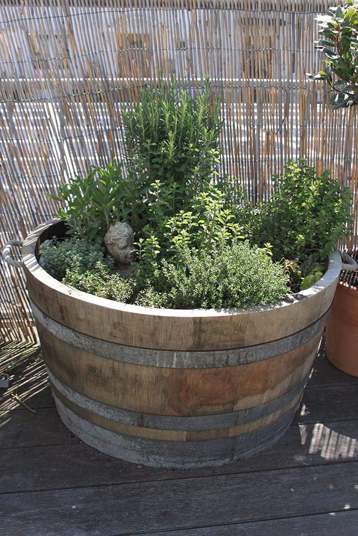 Temesso Blumentopf, Blumenkübel, Holzfass als Pflanzkübel, Weinfass halbiert mit Rollen D70cm H40cm;