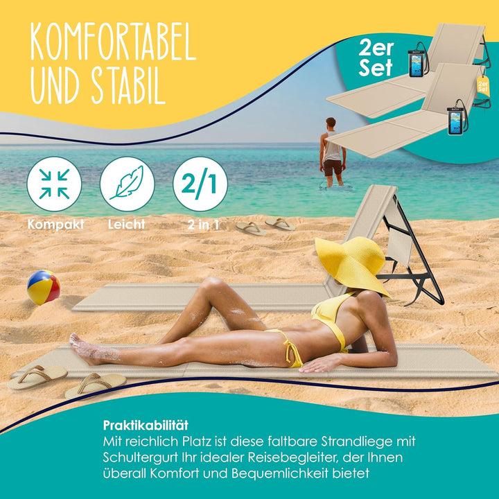 KESSER® 2er Set Strandmatte klappbar mit Verstellbarer Rückenlehne, Tragegurt, wasserdichter Tasche