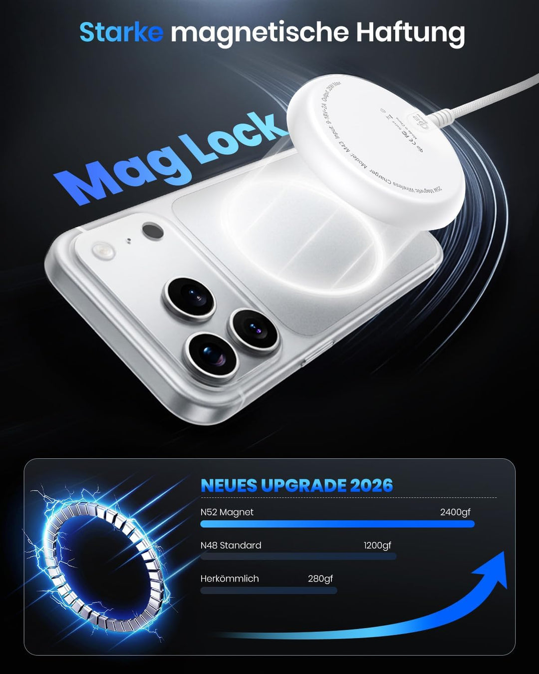 Qi2 25W Magnetisches kabelloses Ladegerät, 1,5 m Ladepad kompatibel mit Mag-Safe für iPhone 17e/Air/