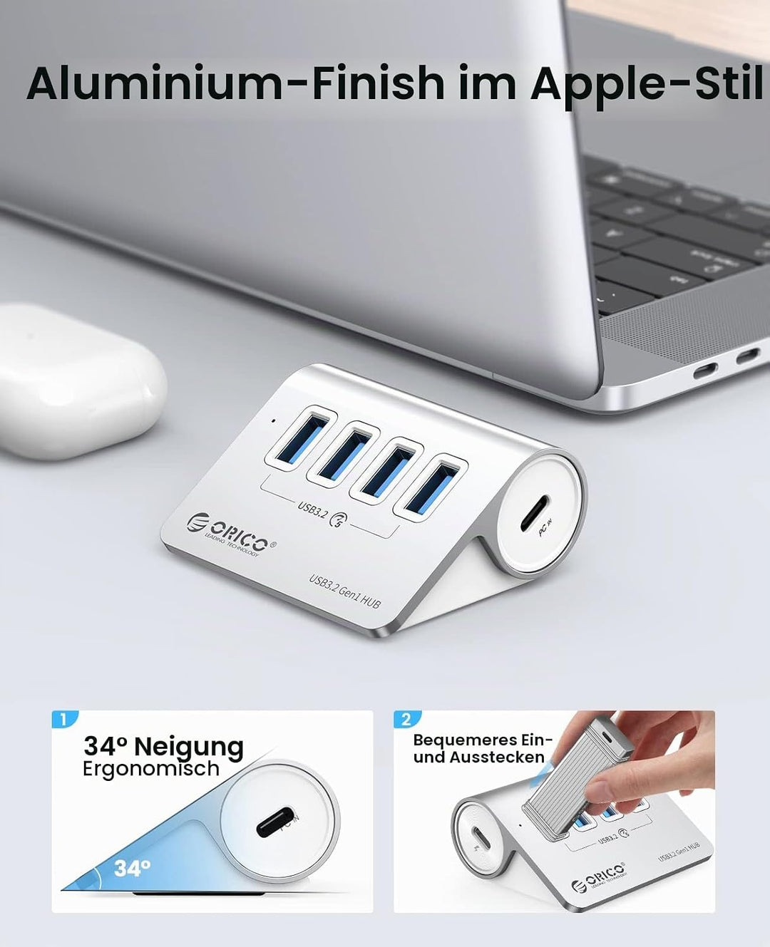 USB C Hub, ORICO USB C 3.2 GEN 1 Hub 5Gbps, 4-Port Aluminium USB Verteiler mit 0.5M USB C Kabel, USB