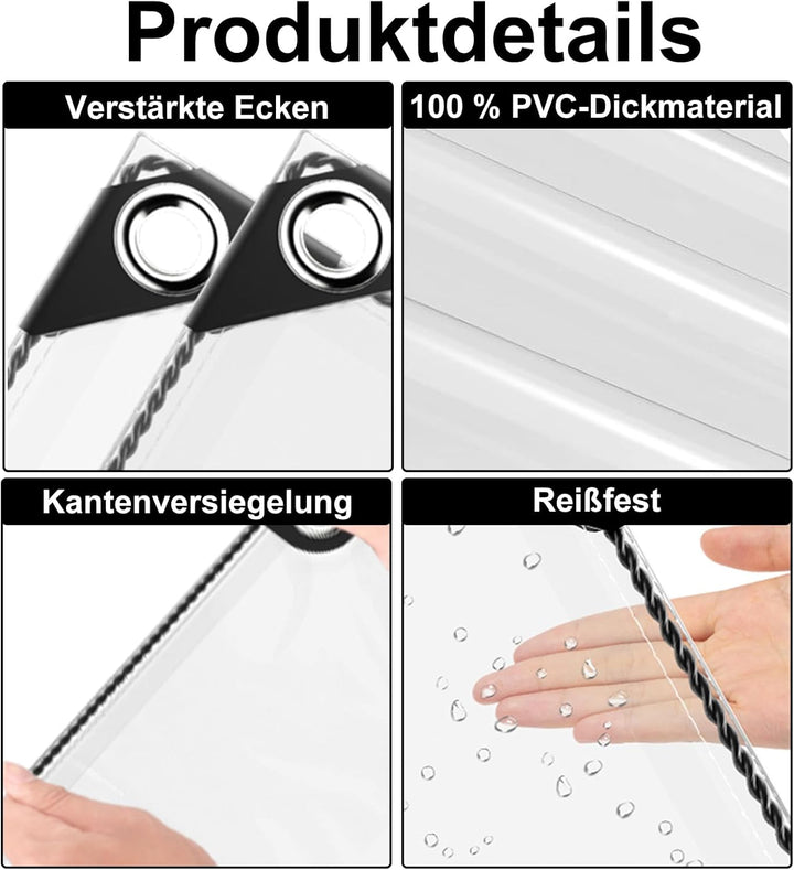 Abdeckplane Wasserdicht, Reissfest Transparent Plane mit Ösen, 0.3mm Dick Multifunktionale PVC Schut