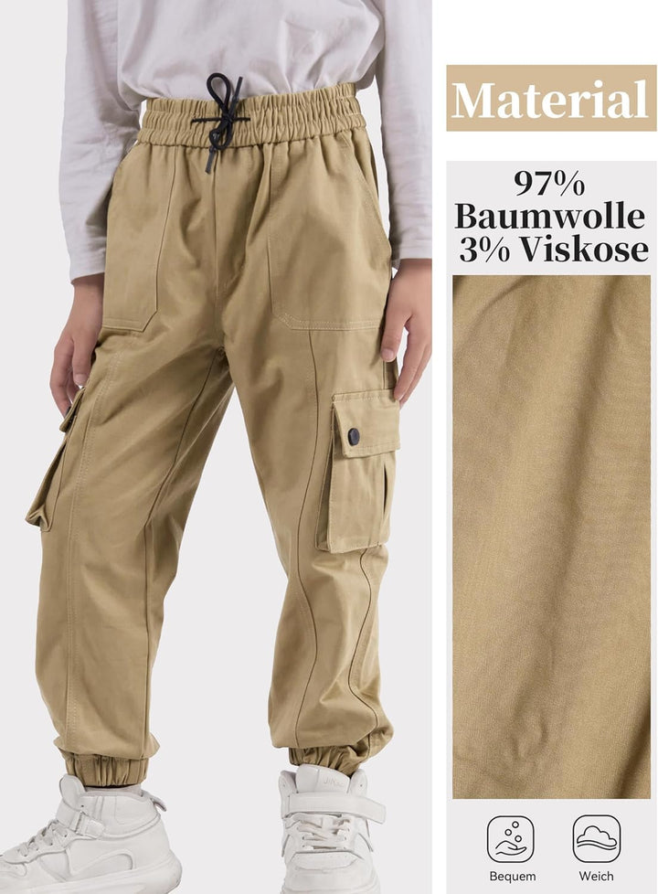 Kinder Cargo Hose mit elastischem Bund Funktionshose Jungen Jogginghose Outdoor 160 Khaki, 160 Khaki
