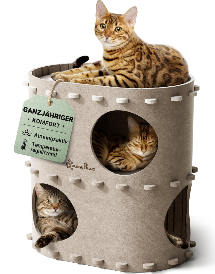 DownyPaws Katzenhöhle aus Filz, 2-stöckige Katzenbett, 50 x 33 x 50 cm Schloss Katzenhaus zum Spiele