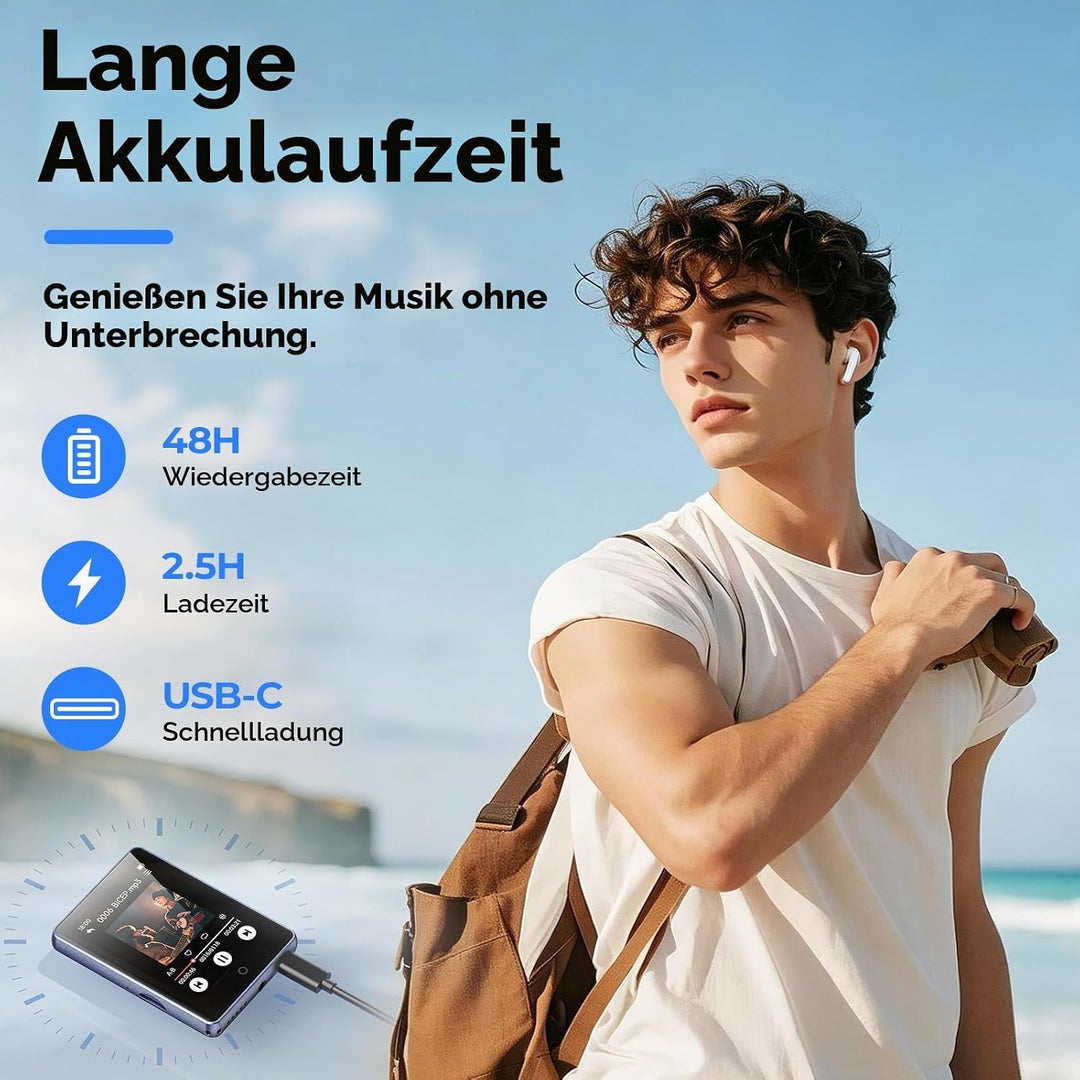 MP3 Player Bluetooth 5.3 mit 2.8 Zoll Voller Touchscreen Lautsprecher, 32GB (Unterstützt bis zu 128