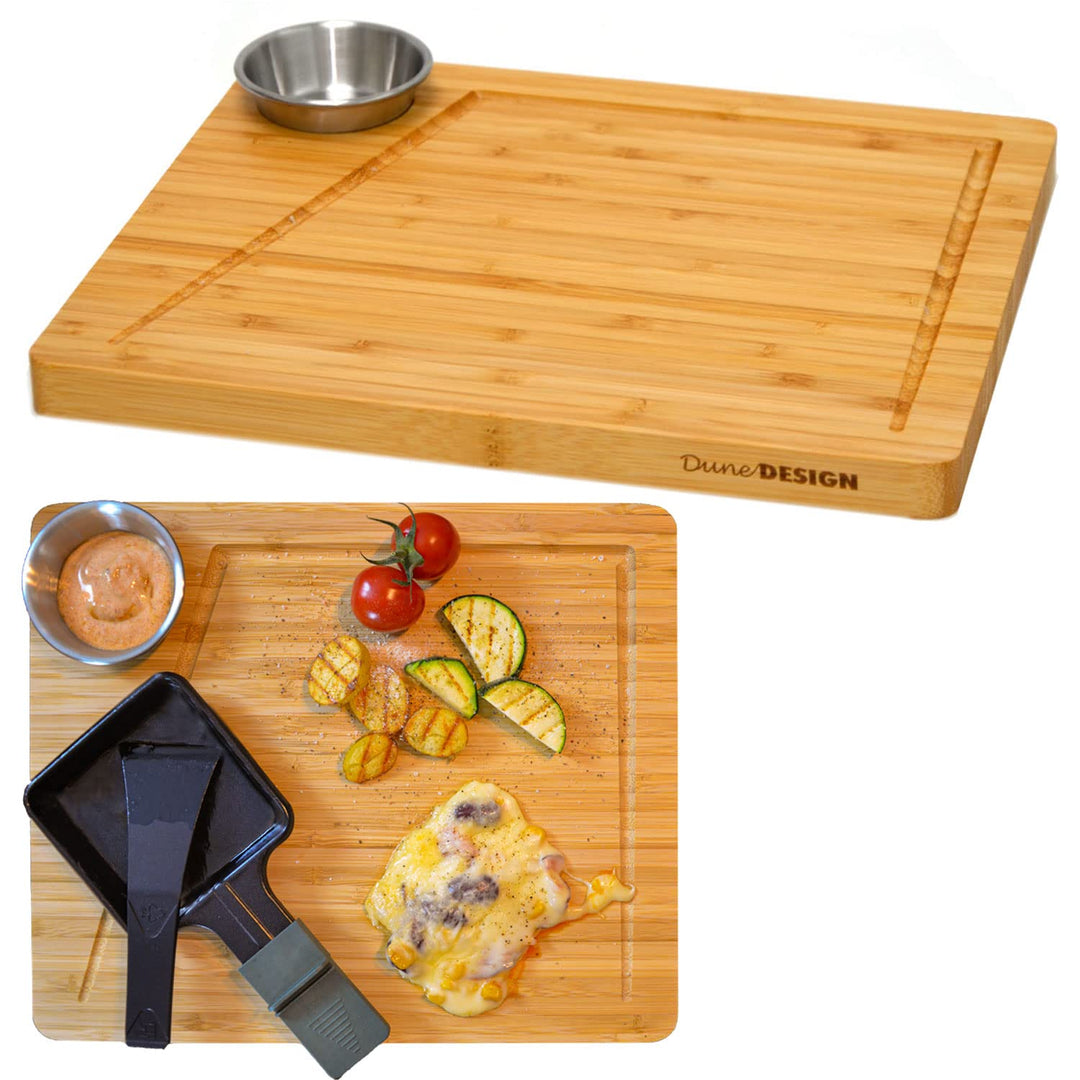 DuneDesign 2 Personen Raclette Teller Set - 30x25 Raclette Brettchen Holz mit Dipschale - Raclette P