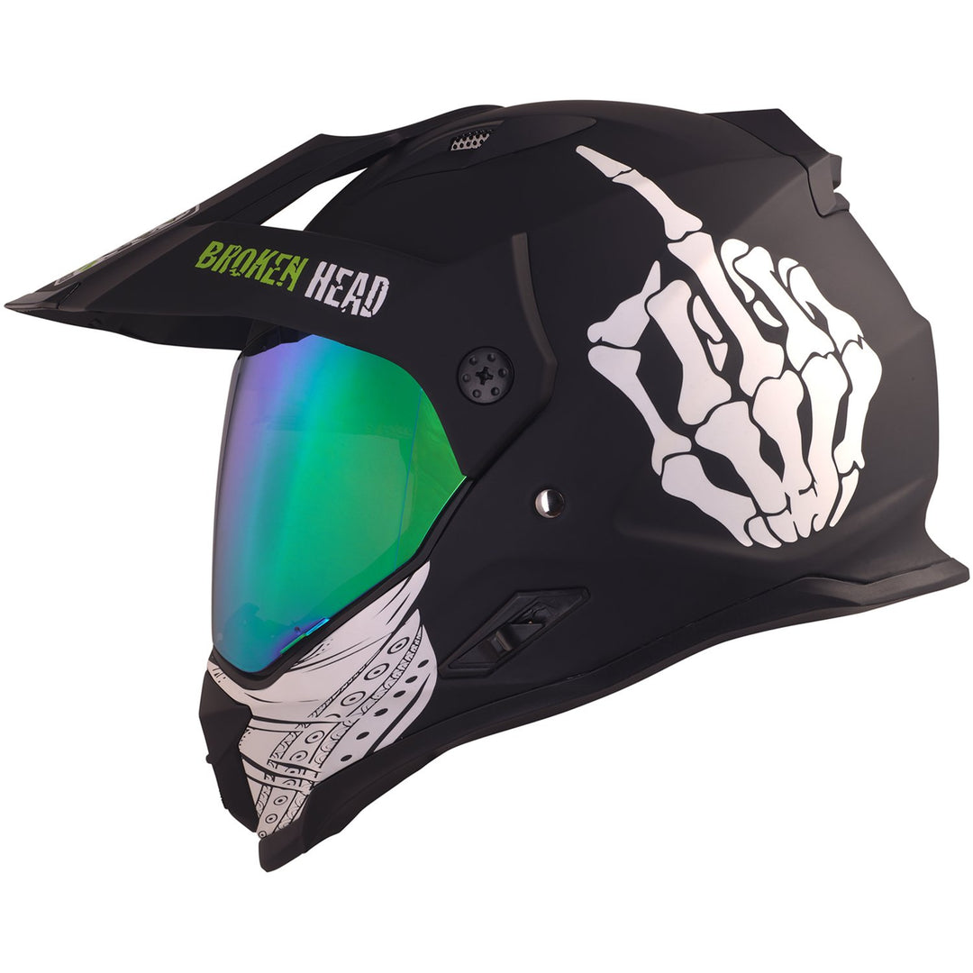 Broken Head Street Rebel grün Motocross-Helm Set mit grün verspiegeltem Visier | Enduro-Helm - MX Cr