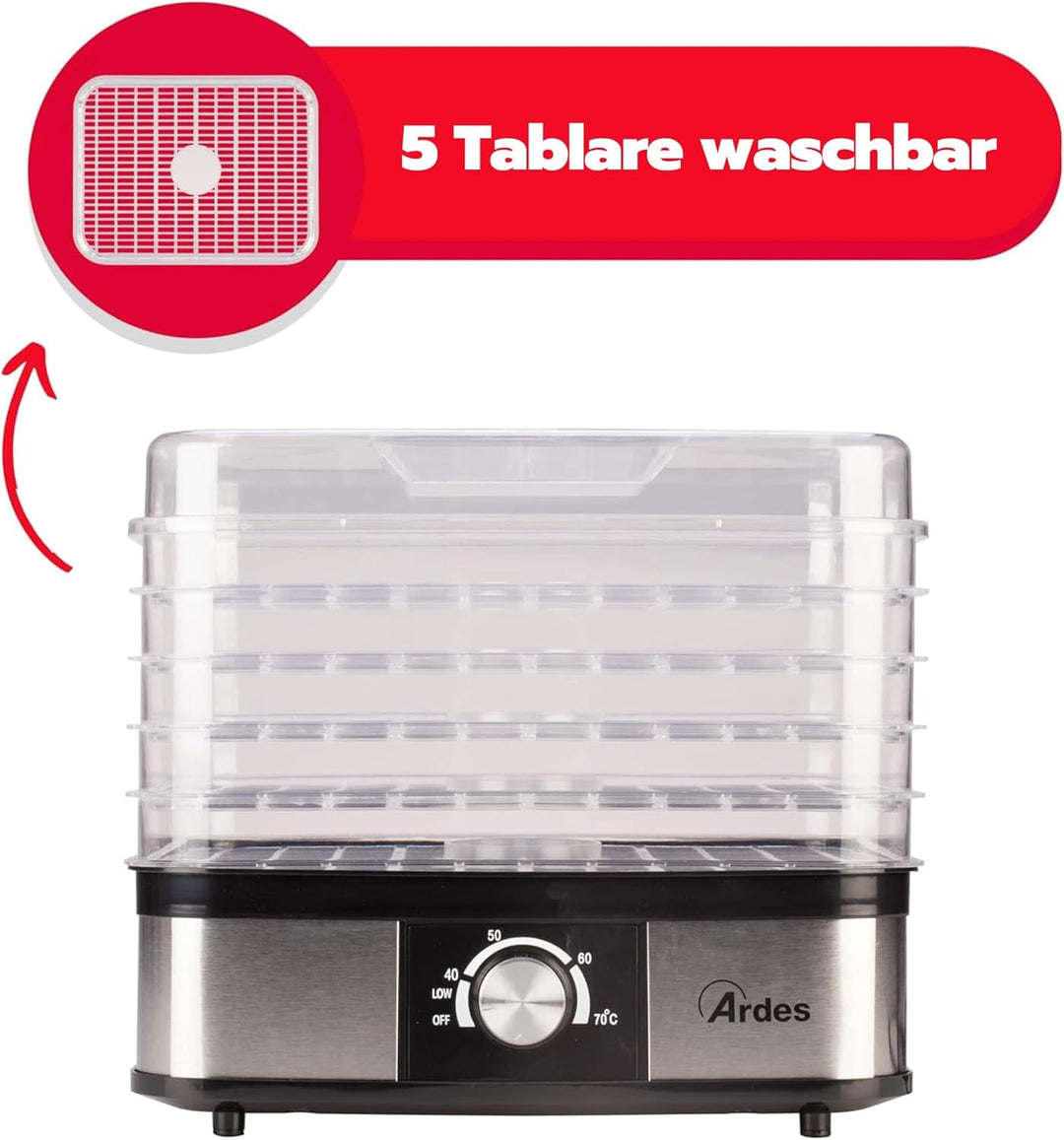 ARDES - AR1K15 Lebensmitteltrockner für Obst, Gemüse und Pilze, schnelle Trocknung, 5 waschbare Eben