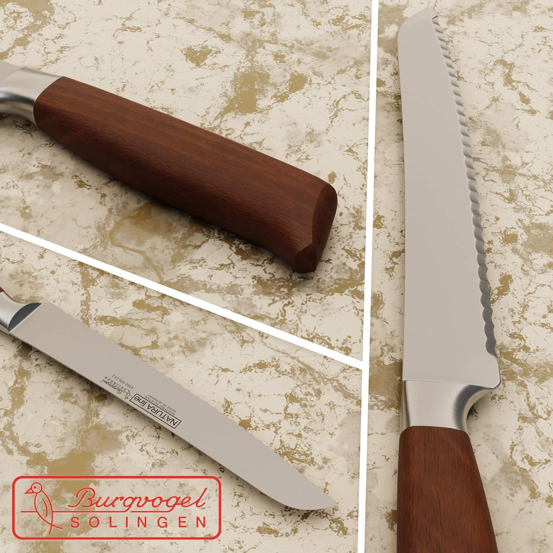 Burgvogel Solingen Natura Line, Brotmesser Holzgriff, rot satiniert, geschmiedet, 22 cm mit Wellensc