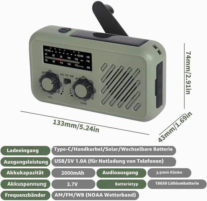Notfall-Radio, Solar-Handkurbel-Radio AM FM USB wiederaufladbare Power Bank Notfall-Wetter-Radios fü