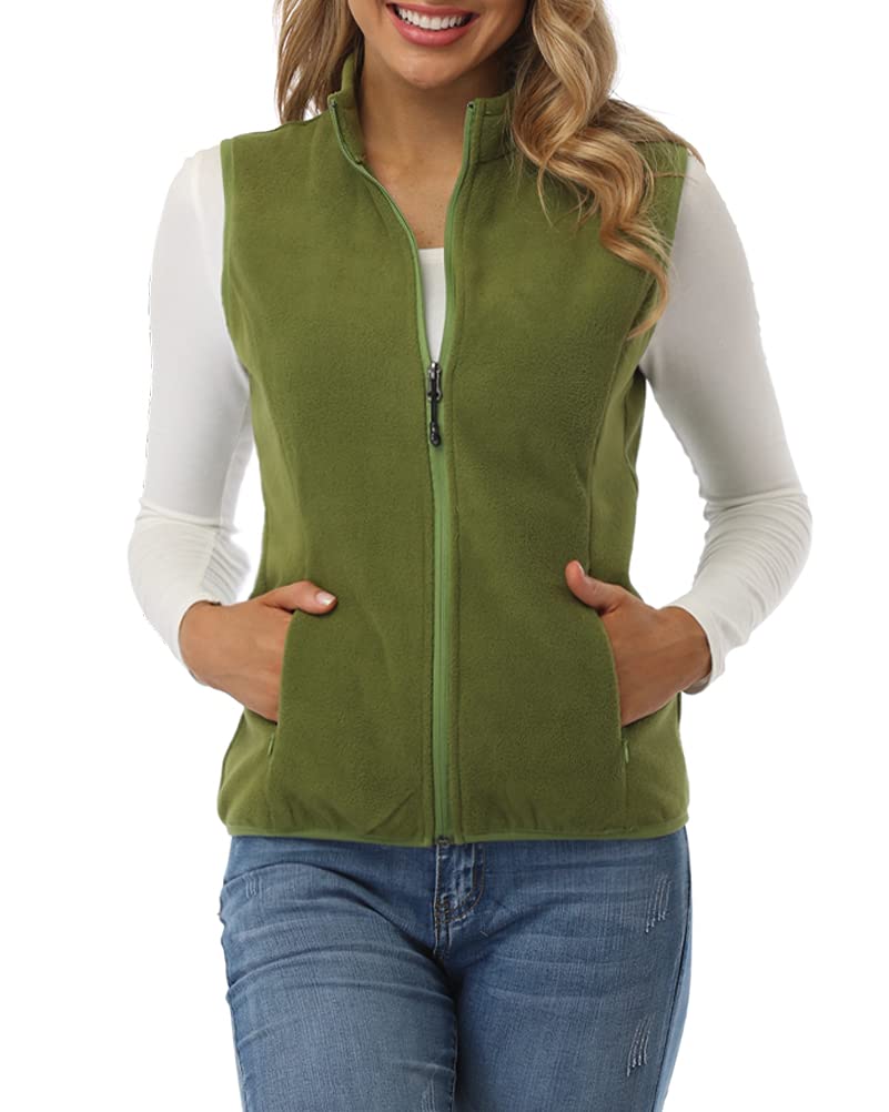 fuinloth Fleece Weste für Damen, Leicht Ärmellose Standkragen mit Reissverschlusstaschen, Armee Grün