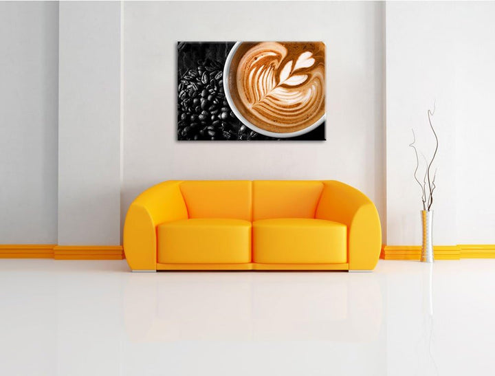 edler Kaffee mit Schaumverzierung schwarz/weiss Format: 100x70 auf Leinwand, XXL riesige Bilder fert