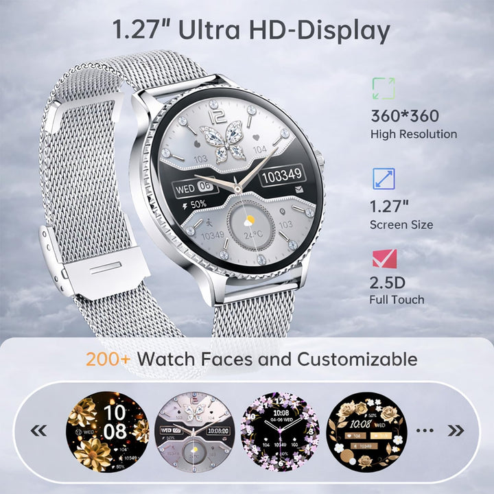 Smartwatch Damen Rund, 1,27" HD Smart Watch mit Telefonfunktion, 120+ Sportmodi, IP68 Wasserdicht Fi