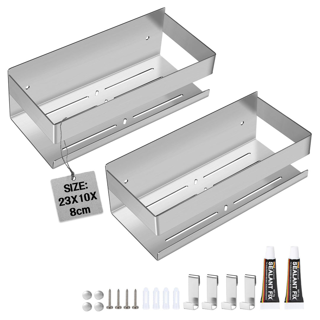 EXLECO 2x23CM Duschablage Ohne Bohren Duschregal Wand Edelstahl Badregal mit 8 Haken Duschkorb zum B