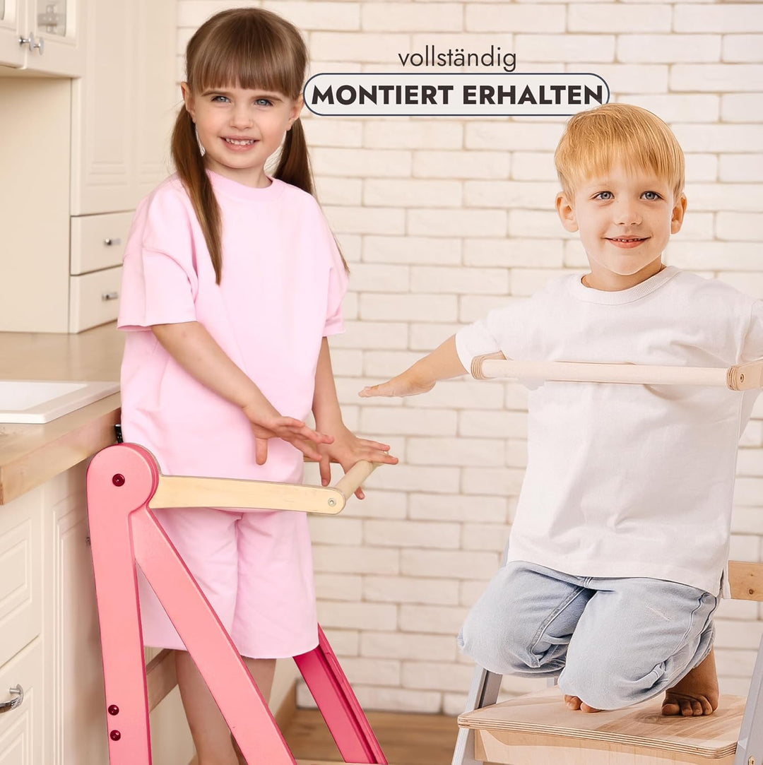 Goodevas Holz Lernleiter Montessori platzsparend: Klappbare Lernleiter, Hocker für Kinder, Faltbare