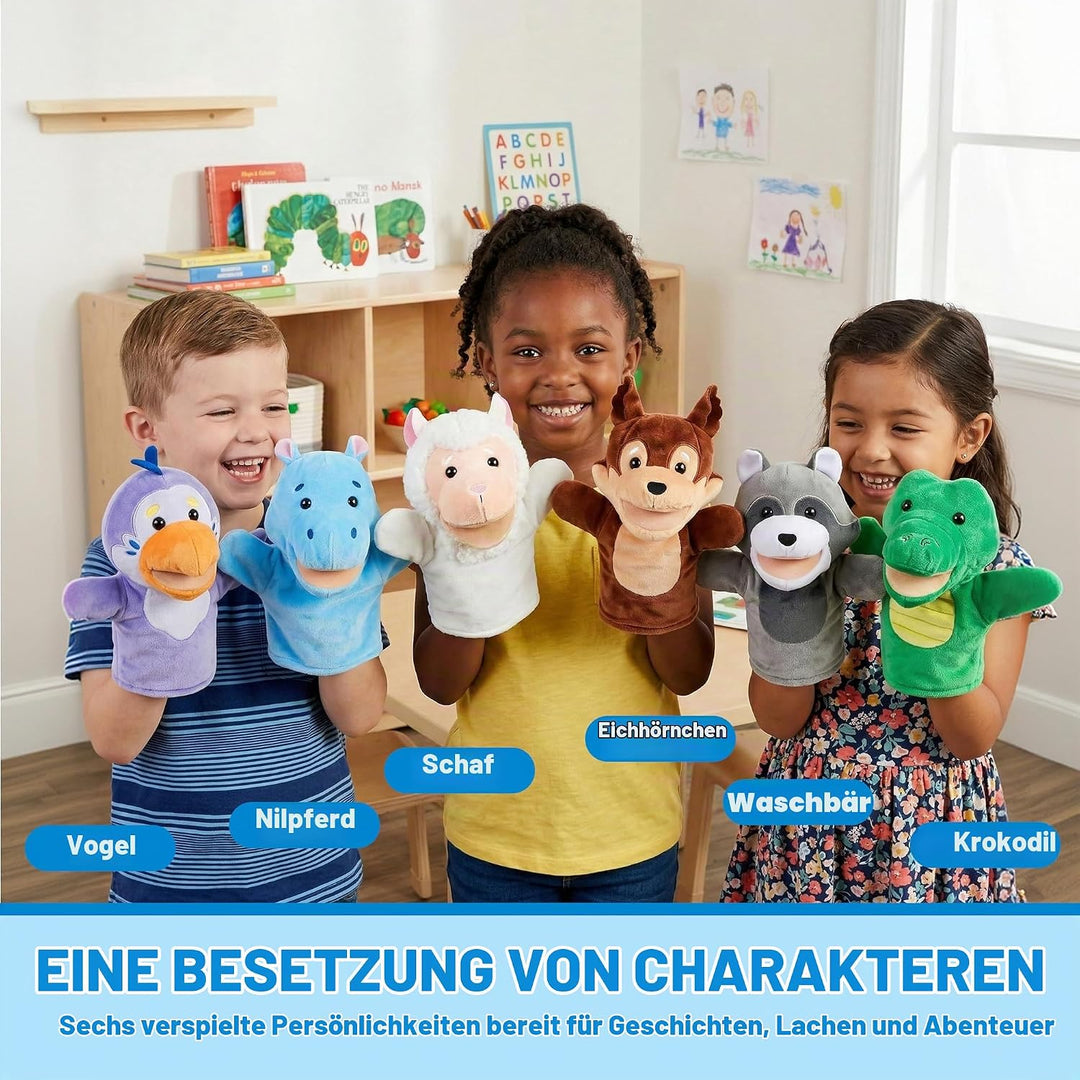 JOYIN 6 Stück Tier Handpuppen Spielzeug Set für Kinder,Freunde Im Tiergarten, Deluxe plüschtiere Kin