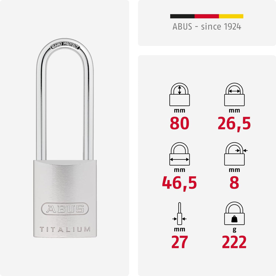 ABUS Titalium-Vorhangschloss 86TI/45HB80, Hochbügel ohne Zylinder, 04391, 86TI/45HB80