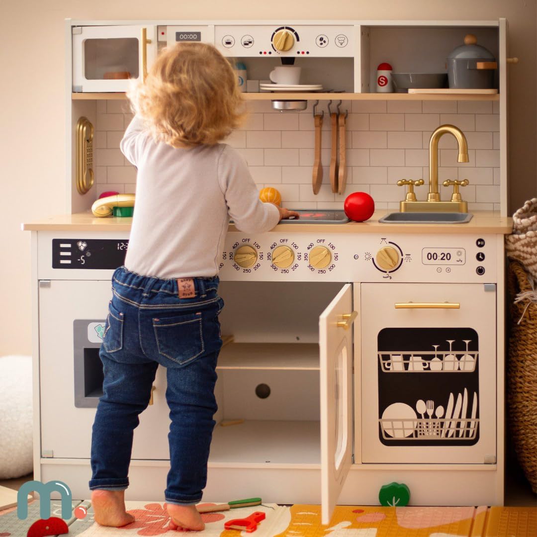 Mamabrum Holz-Kinderküche mit LED-Beleuchtung - Höhenverstellbare Spielküche Set mit Eiswürfelbereit