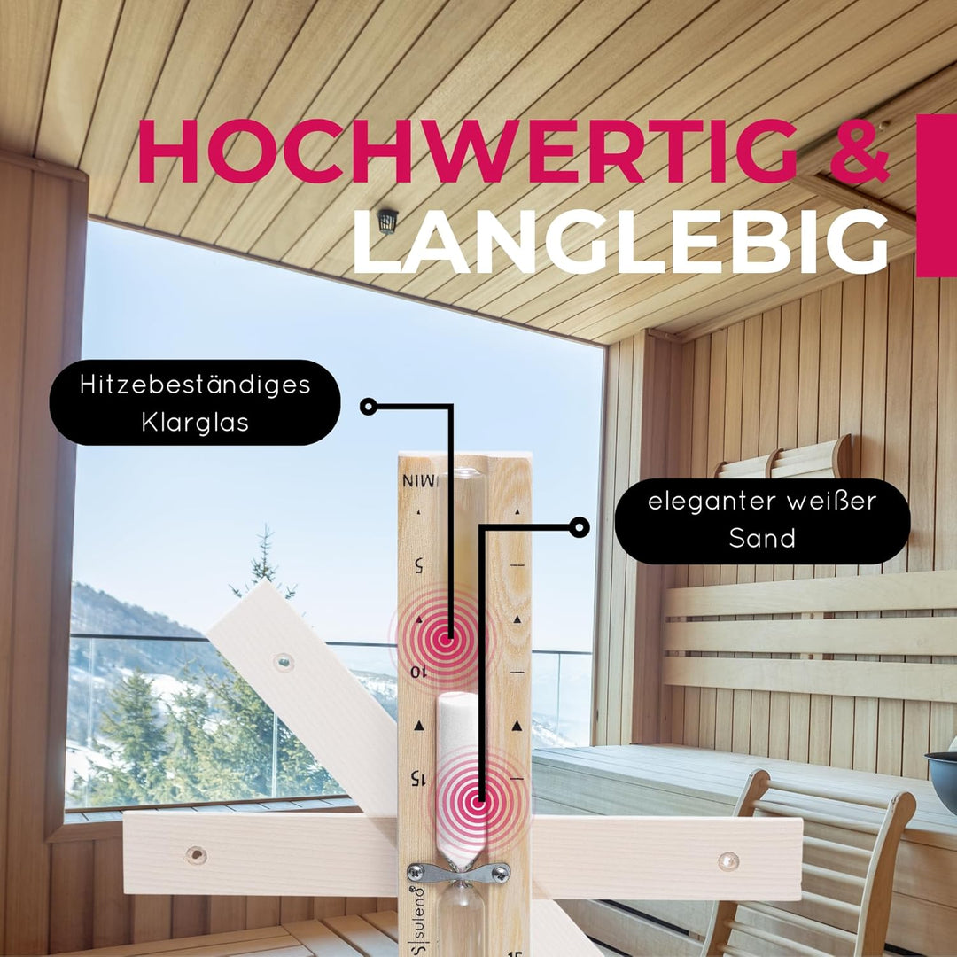 Suleno® Sauna Sanduhr 5-15 Minuten – Hitzebeständiger Zeitmesser aus Holz, Glaszylinder mit weissem
