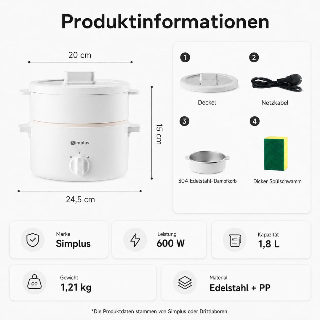 SIMPLUS Elektrischer Hot Pot 1,8 L mit Edelstahl-Dampfgarer, 600 W Elektrokochtopf mit Antihaftbesch