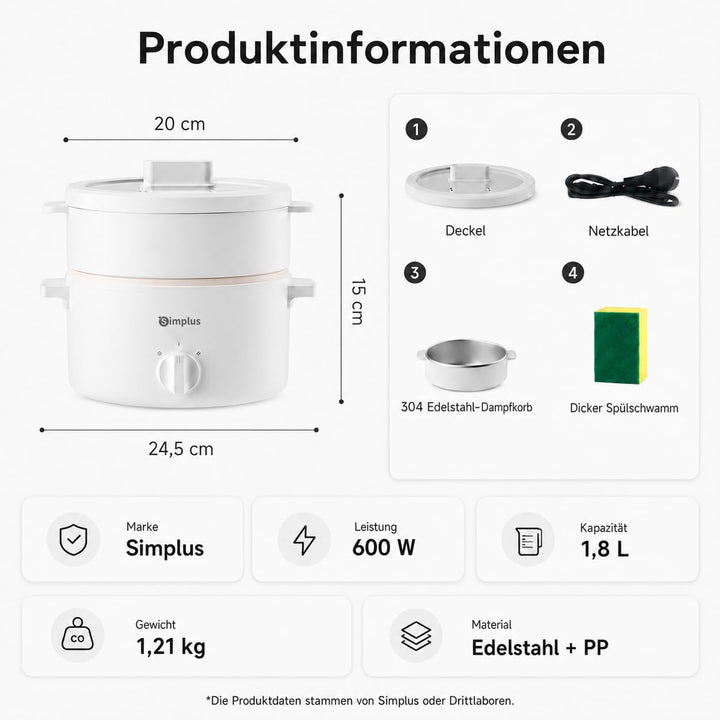 SIMPLUS Elektrischer Hot Pot 1,8 L mit Edelstahl-Dampfgarer, 600 W Elektrokochtopf mit Antihaftbesch