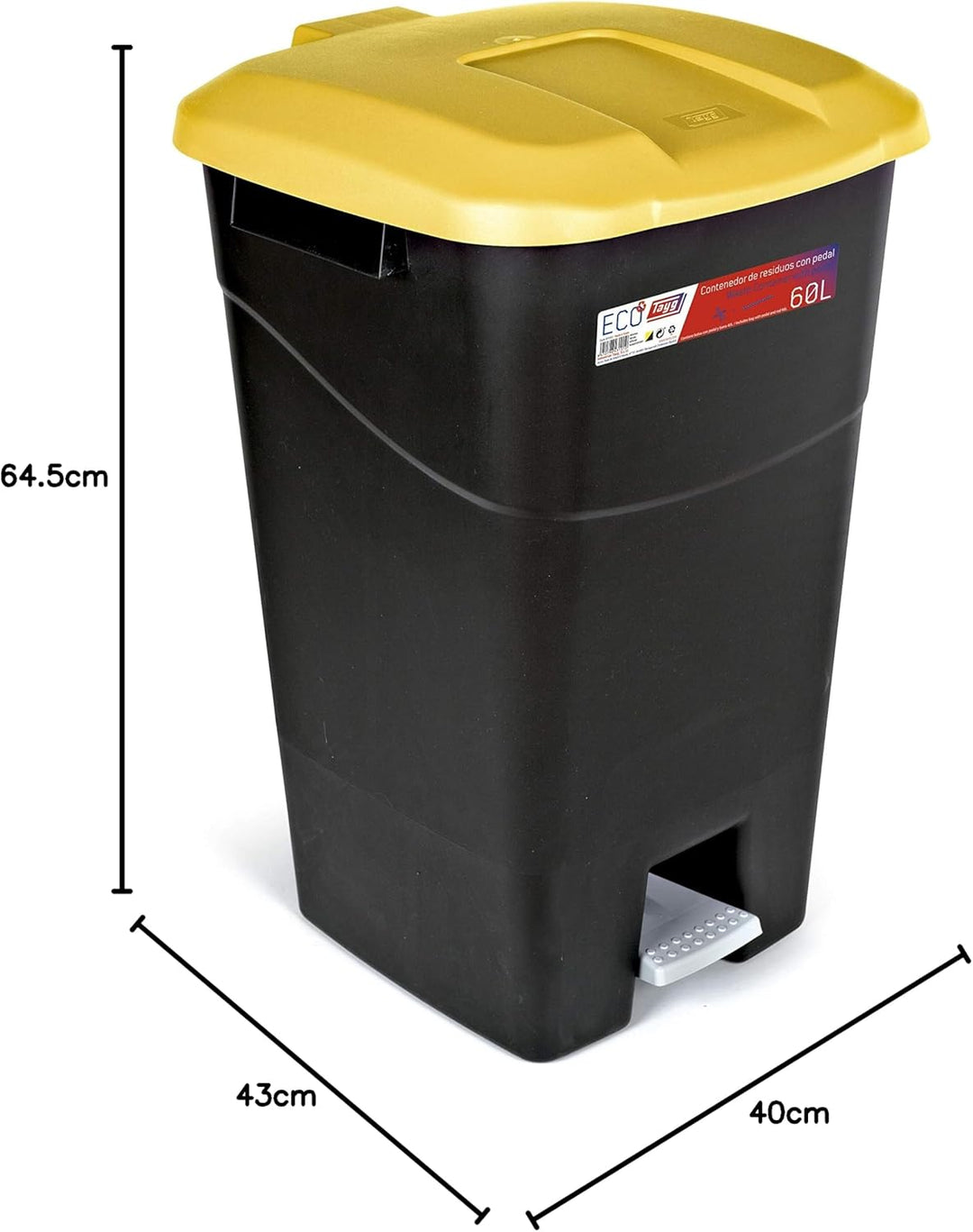 Tayg - Abfallbehälter 60 Liter mit Pedal, schwarzem Boden und gelbem Deckel, Kunststoff