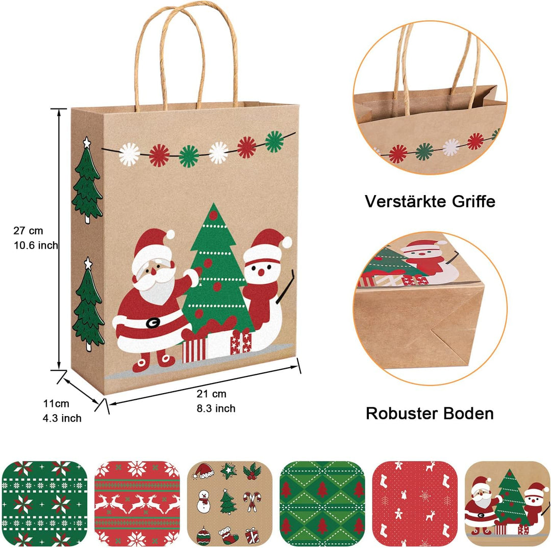 24 Stk Geschenktüten Weihnachten, Weihnachtstüten 27 x 21 x 11 cm, Papiertüten Braun, Kraftpapier Tü