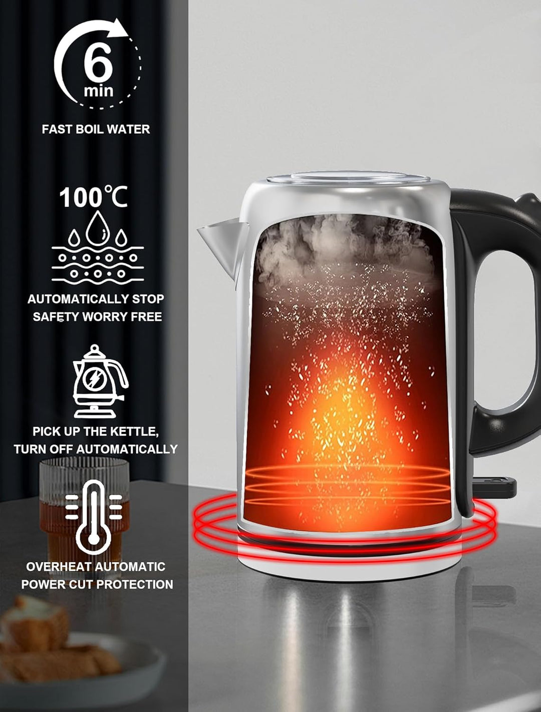 Hopzty Wasserkocher 1,7 Liter 2200 W | Wasserkocher mit automatischer & manueller Abschaltung | mit