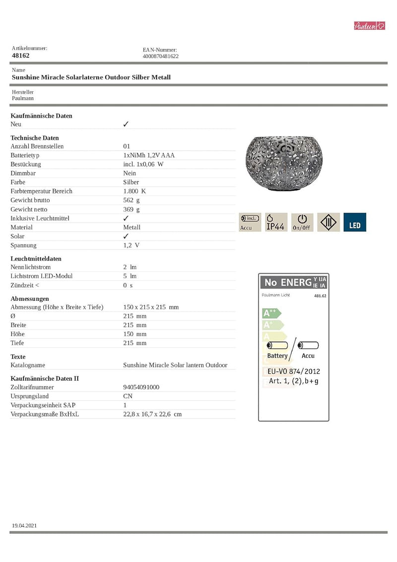 Pauleen 48162 Sunshine Miracle Solar-Laterne für Balkon oder Garten Silber Aussenbeleuchtung Metall