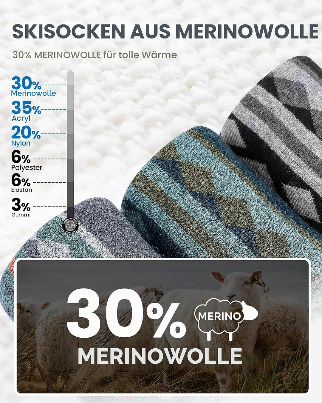 OutdoorMaster 2 Paar Unisex Merinowolle Skisocken für Damen &amp; Herren, Winter Snowboarding Atmungsakt