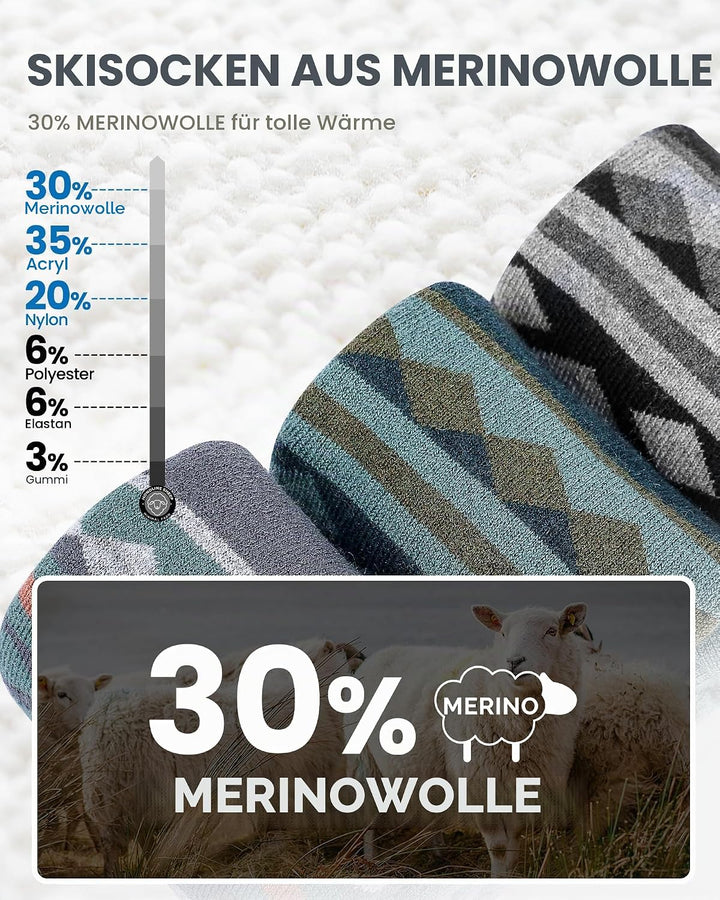 OutdoorMaster 2 Paar Unisex Merinowolle Skisocken für Damen &amp; Herren, Winter Snowboarding Atmungsakt