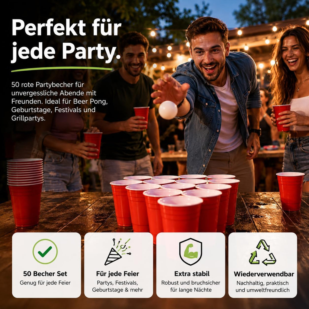 Red Cups extra stark – 473 ml / 16 oz Beer Pong Becher, wiederverwendbare Partybecher, rote Plastikb