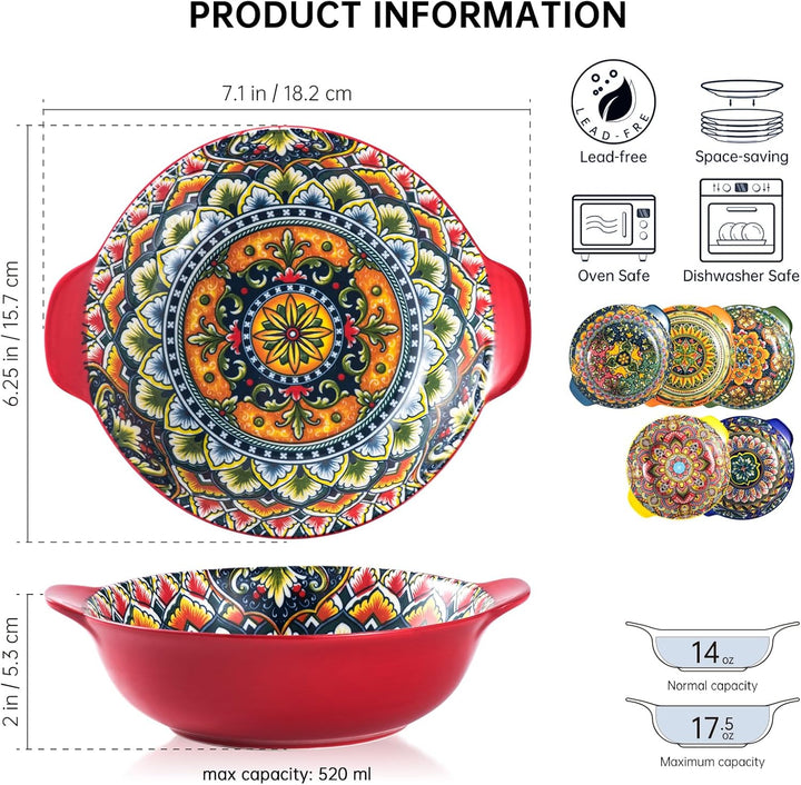 Henten Home Schalensets mit Griffen, Salatteller Servierteller 6er Set, 520ml Keramik Pastateller fü