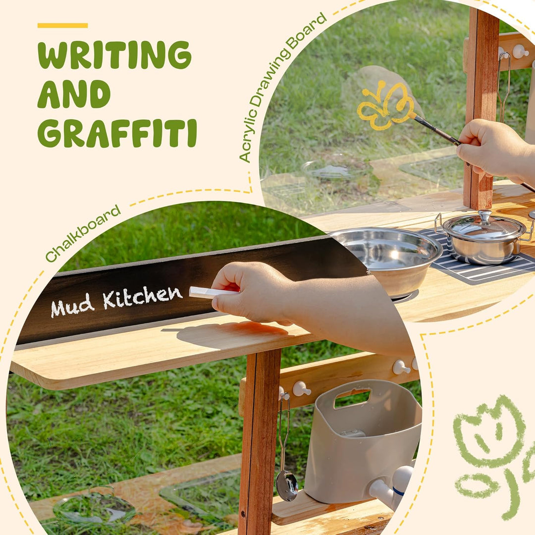 ROBUD Matschküche aus Holz – Outdoor Spielküche mit Zubehör & Maltafel – Rollenspielzeug für Kinder