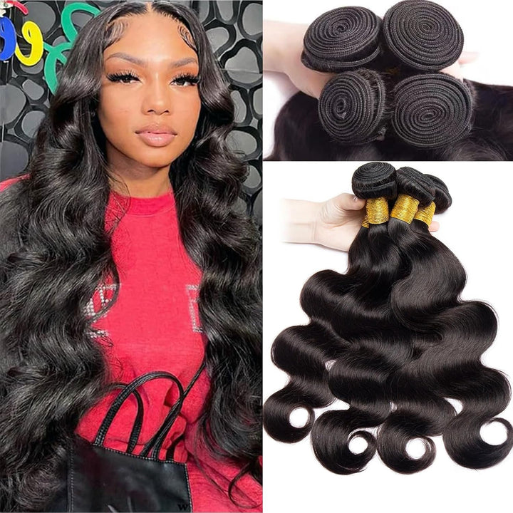 Huarisi Body Wave Human Hair Bundles, Brazilian Hair 4 Bundles 12 14 16 18 inch, Virgin Brazilian Ha
