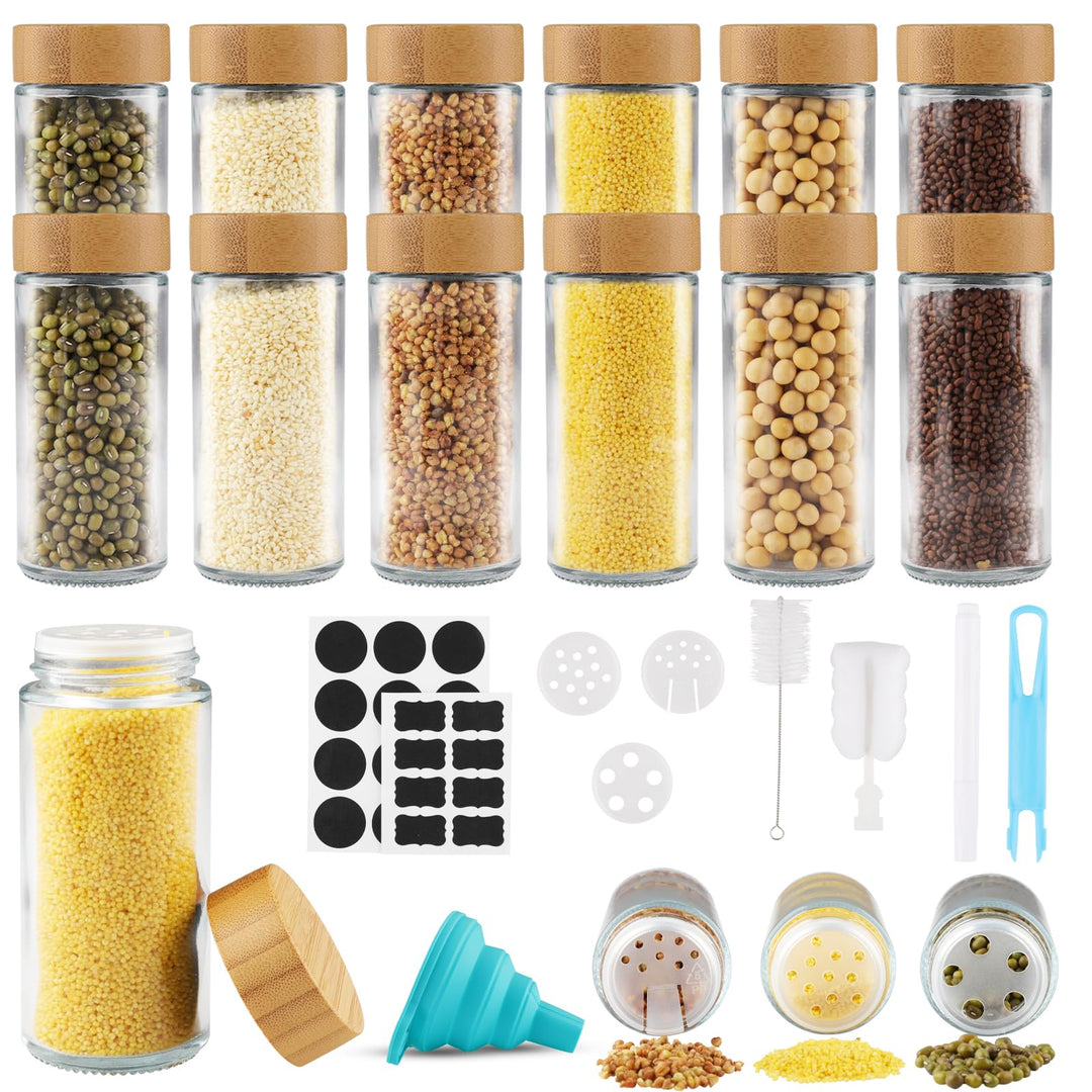 Vexillic Gewürzgläser mit Streueinsatz, 12er Set Gewürzgläser 120ml Gewürzstreuer-Hochwertigem Holzd