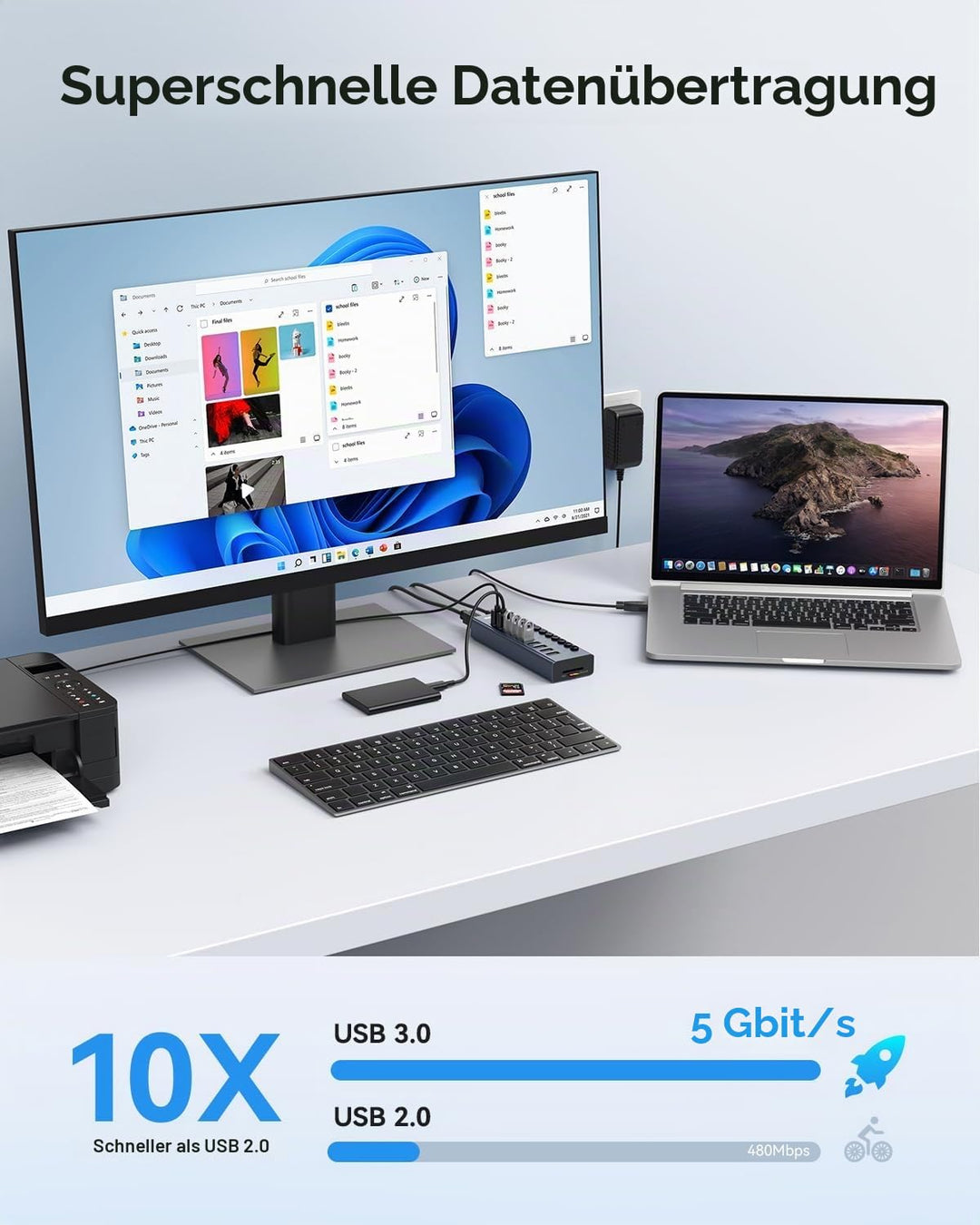 Powered USB 3.0 Hub, Wenter 10 Ports 36W USB Hub Aktiv, Aluminium USB Splitter mit individuellen EIN