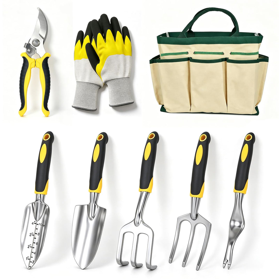 QRD Gartengeräte Set 8 in 1 Gartenwerkzeug mit Aufbewahrungstasche Gartenschaufel mit Gummigriff Gar