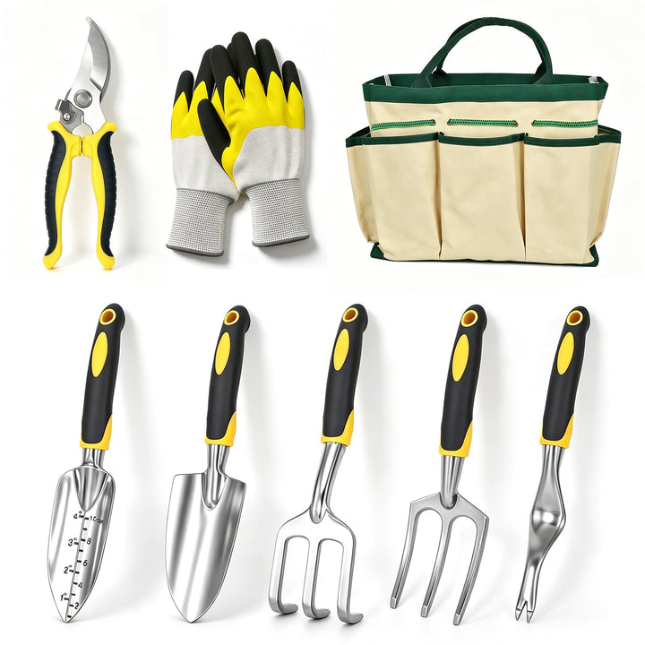 QRD Gartengeräte Set 8 in 1 Gartenwerkzeug mit Aufbewahrungstasche Gartenschaufel mit Gummigriff Gar