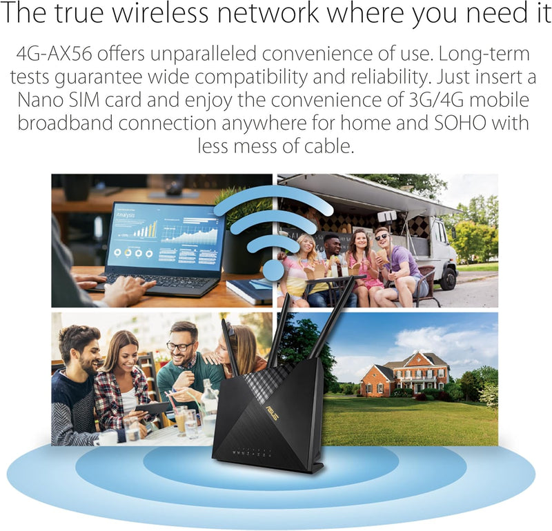 Asus 4G-AX56 LTE WLAN-Router (WiFi-6 AX1800, SIM Slot, LTE Cat. 6 bis zu 300 Mbits, Gigabit LAN, AiP