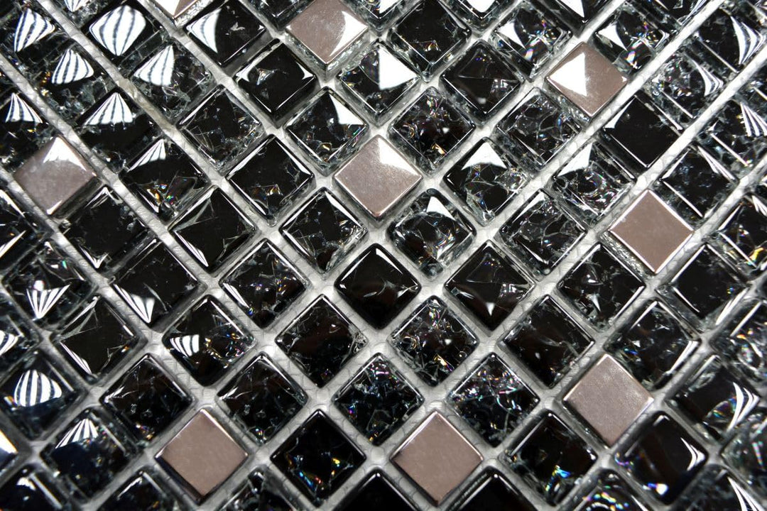 Mosaik Quadrat Crystal mix schwarz/silber Glasmosaik Transluzent Transparent 3D, Mosaikstein Format:
